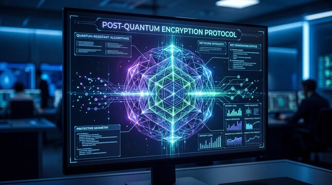 Futuristic data visualization of post-quantum encryption protocols on monitor in a high-tech lab setting