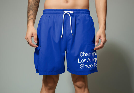 Blue Shorts Mockup With White Text PSD