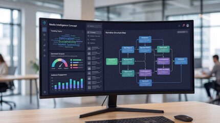 Naklejka premium Detailed view of a data analysis dashboard displaying visual metrics and workflow diagrams in a modern office space