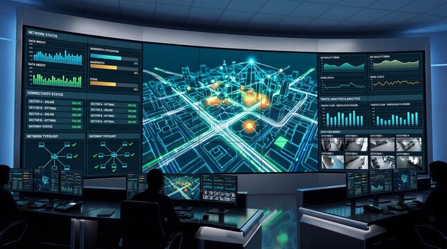 A high-tech command center displaying a digital map with data analytics and surveillance feeds, illuminated by vibrant colors