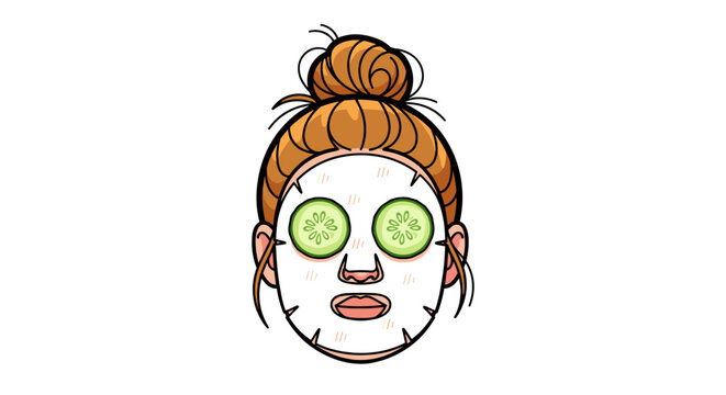 Illustration of a woman with a sheet mask and cucumber slices on eyes, hair in a bun, isolated on white background