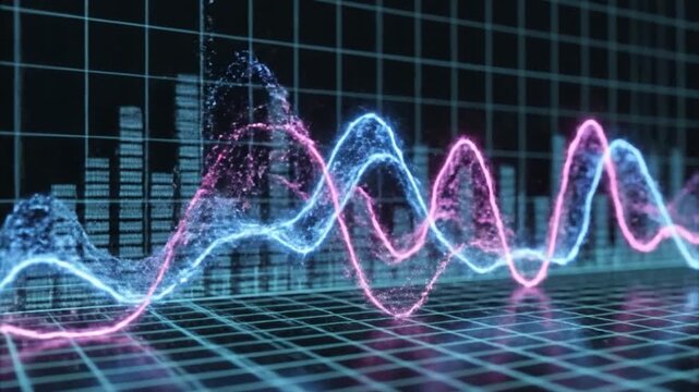 Abstract digital data visualization with glowing lines and a grid background, representing information flow and processing in a modern style