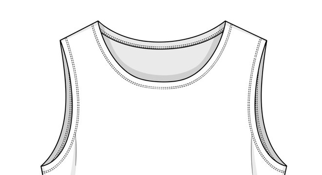 Illustration of a white sleeveless top with detailed stitching, showcasing collar and armhole design on a plain background