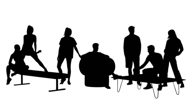 Black silhouettes of people exercising on gym equipment isolated on transparent background, Vector