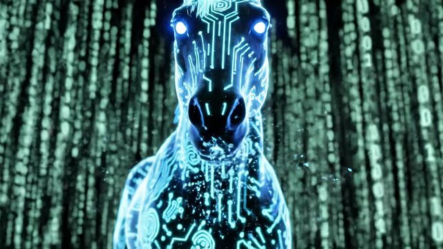 Futuristic digital horse silhouette with glowing blue motherboard circuit patterns and bright eyes standing in a virtual environment of falling green binary code data.