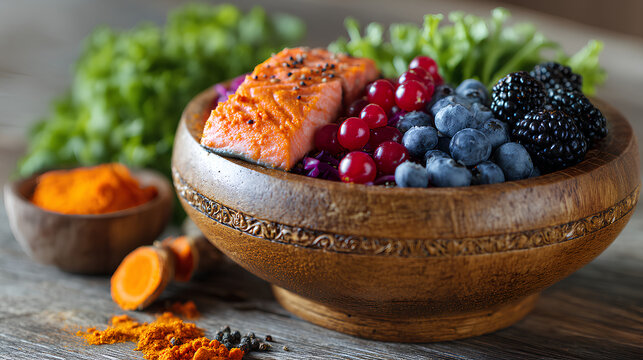 Anti inflammatory foods bowl with berries turmeric salmon and greens showcasing longevity holistic wellness and clean nutrition concept