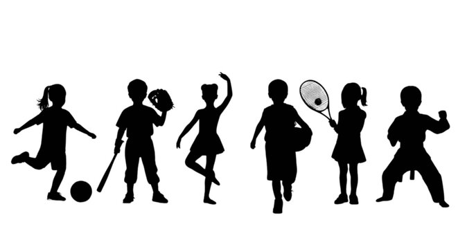 Black silhouettes of kids playing sports isolated on transparent background, Vector