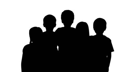 Obraz premium Black silhouettes of five people standing together isolated on transparent background, Vector