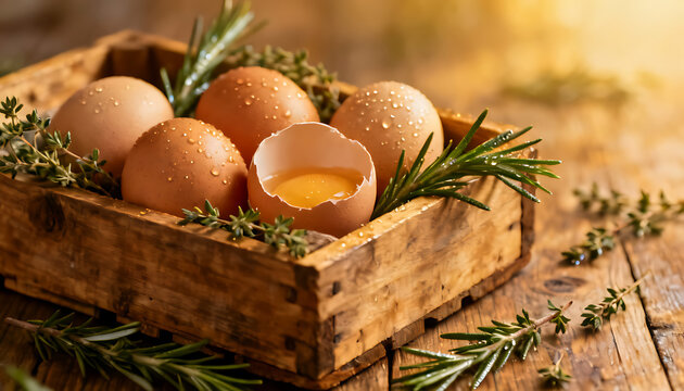 Rustic Wooden Box with Fresh Brown Eggs and Herbs
