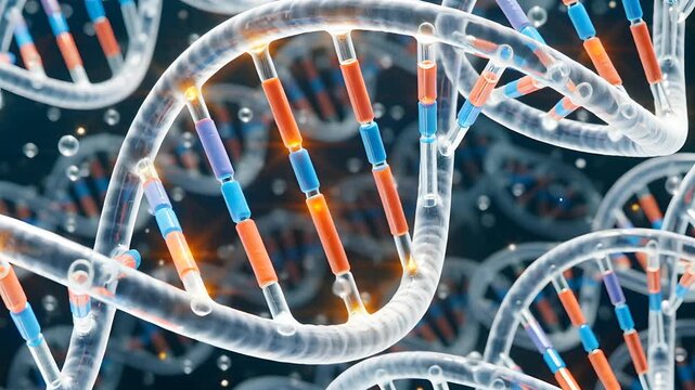 3D double helix DNA strand rotating with glowing nucleotides and molecular bonding
