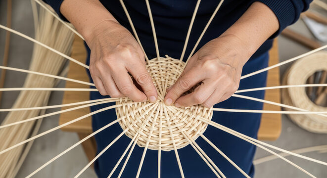 Basketry Weaving Hands Crafting a Circular Rattan Pattern