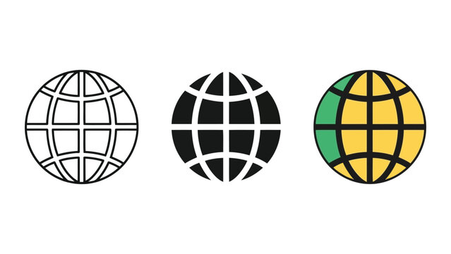 Set of Globe Icons: Outline, Solid Black, and Color Earth Vector Illustrations