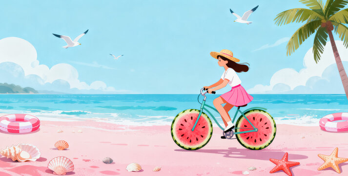 A flat illustration shows a young girl riding a custom bicycle with watermelon slice wheels on a pink sand beach, with ocean, seagulls and palm trees around.