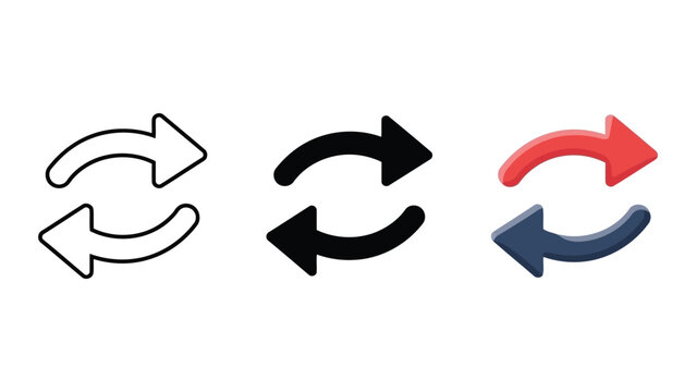 Three Styles of Circular Arrow Icons: Outline, Solid Black, and Colored for Refresh or Repeat Actions Vector Illustration
