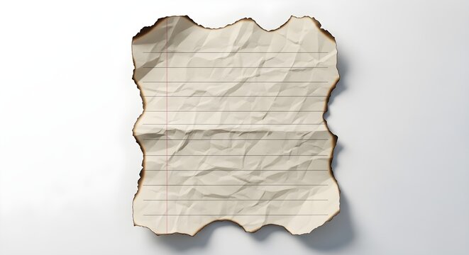 A piece of crumpled, lined paper with burnt edges isolated on white background