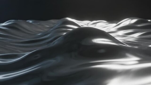 Factual representation of reflective metallic ripples and chrome waves featuring smooth undulations, high gloss surface, monochromatic silver tones, and cinematic depth of field.