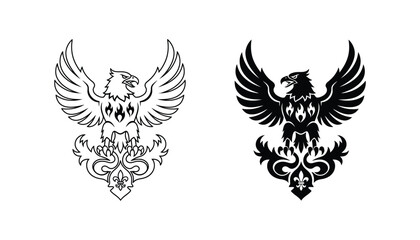 Heraldic eagle emblem with flames and decorative fleur de lis in black and white vector art for luxury branding and crest designs © Echo