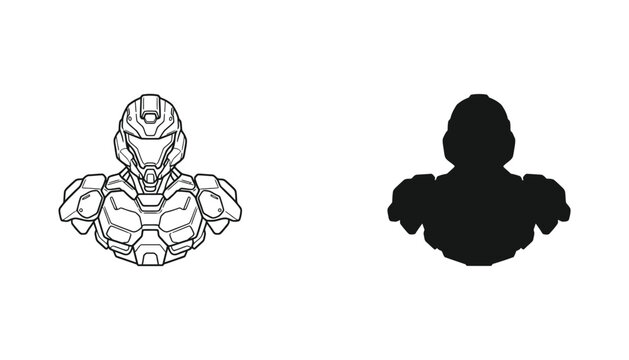 Futuristic sci-fi soldier armor bust character icon set in outline and solid black styles for gaming or technology graphic design projects