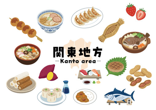 関東地方の名物グルメアイコンセット（ラーメン・餃子・寿司・カレー・納豆・焼売など）