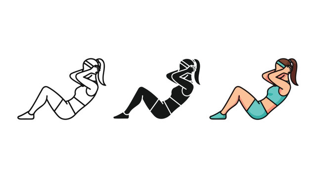 Woman doing sit-ups and crunches in three styles: line art, silhouette, and flat design vector illustration
