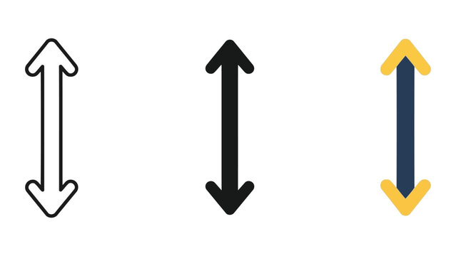 Vertical Arrows Icon Set: Outline, Solid Black, and Color Flat Design for Up/Down Movement