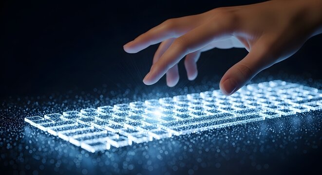 Futuristic digital keyboard with glowing blue light, hand typing on virtual interface, cyber security