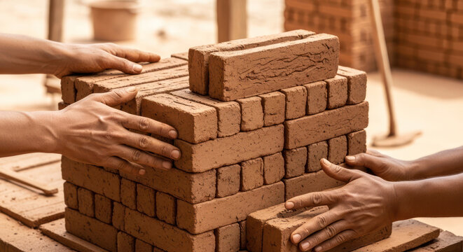 Bricklaying Hands Working on Stacking Handmade Clay Bricks for Construction