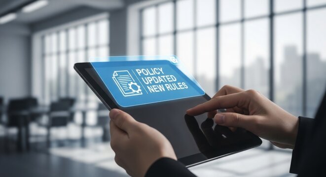 Person holding tablet showing digital policy update and new rules notification in a modern office