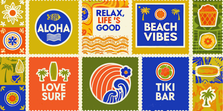 Collection of vibrant retro inspired postage stamps with aloha beach and tiki themes high quality