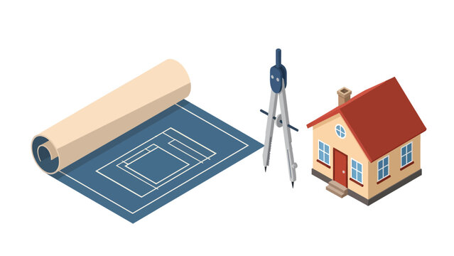 Isometric Architectural Design: Blueprint, Drafting Compass, and House Model for Home Planning & Construction