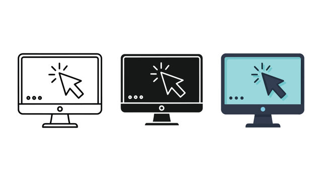 Computer monitor icons with cursor clicking on screen, vector illustration in outline, silhouette, and flat design styles