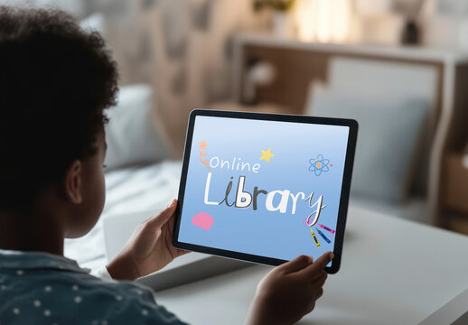 Child Exploring Digital Tablet Mockup With Library Resources PSD