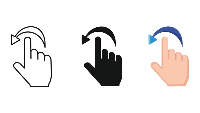 Set of three hand gestures for swipe right, indicating touch control and navigation, vector illustration