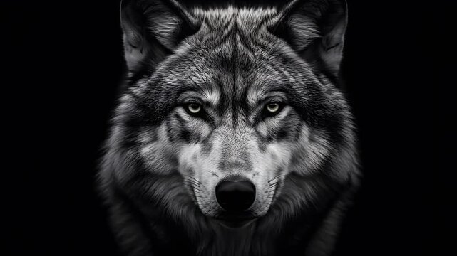 Portrait of a majestic wolf with intense gaze on black background