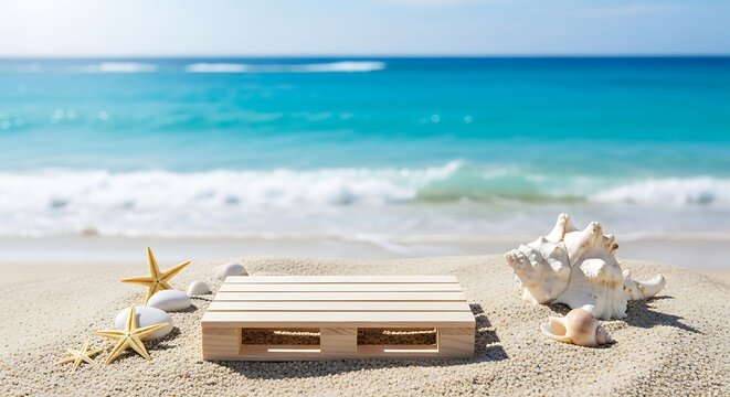 Beach scene with wooden pallet 3d podium and stand for product display