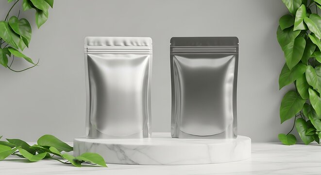 Elegant 3d podium stand display silver pouch mockups for product presentation