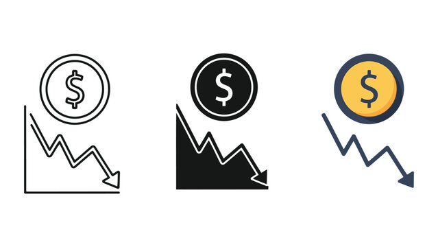 Three styles of finance graph icons showing downward trend with dollar coin, vector illustration