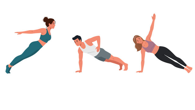 Plank exercise variations illustration. Diverse men and women demonstrating core strength workout and fitness routine.