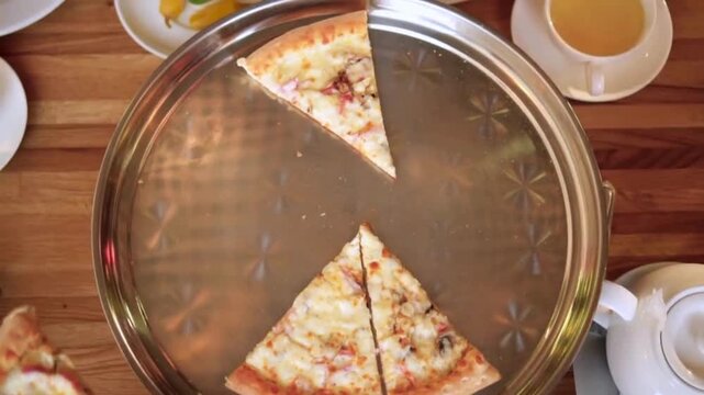 Taking salami pizza slice via spatula. A hot melted cheese is stretching, close-up. Fast-food concept Hand cut slice of pizza and take it, close up,