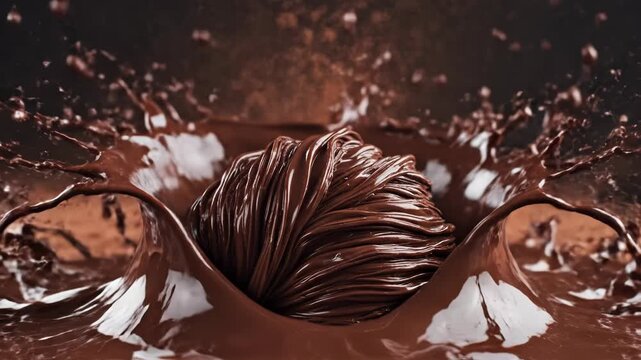 High-speed macro capture of a crown-shaped liquid chocolate splash with spherical chocolate pralines falling into the pool, creating droplets and dynamic ripples on a dark background.