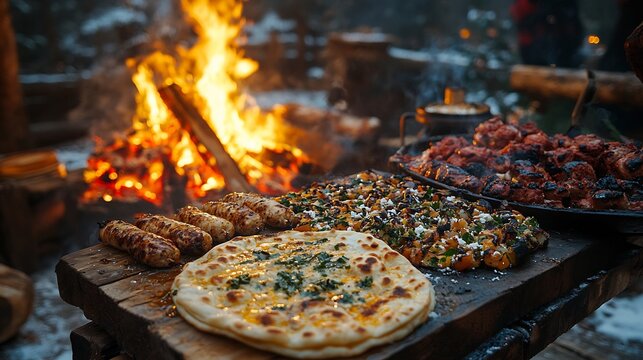 Winter evening meal with piping hot hareesa naan and kebabs enjoyed around a bonfire with loved ones under the night sky