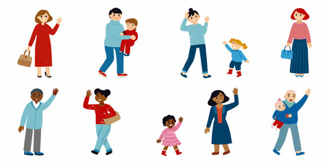 Fototapeta premium illustrated diverse group of eight people waving colorful vector characters on a white background