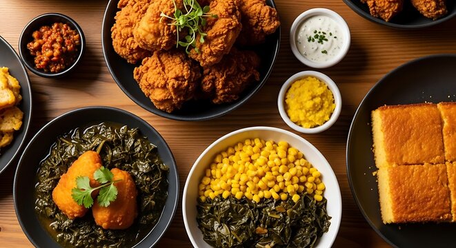 Delicious Southern comfort food, fried chicken, soul food dishes, corn, collard greens, table setting