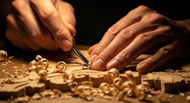 Hands meticulously carving intricate wooden details with a sharp tool.