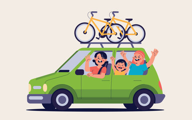 Naklejka premium Family on a road trip with bicycles on the car roof happily driving