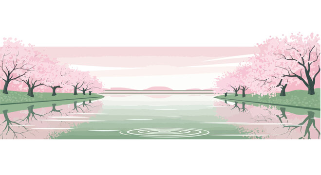 Serene Sakura Lake Reflection: Spring Cherry Blossom Trees Lining Waterway