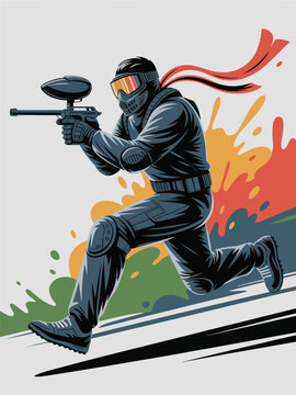 Man in tactical gear runs with paintball gun in hand dynamically
