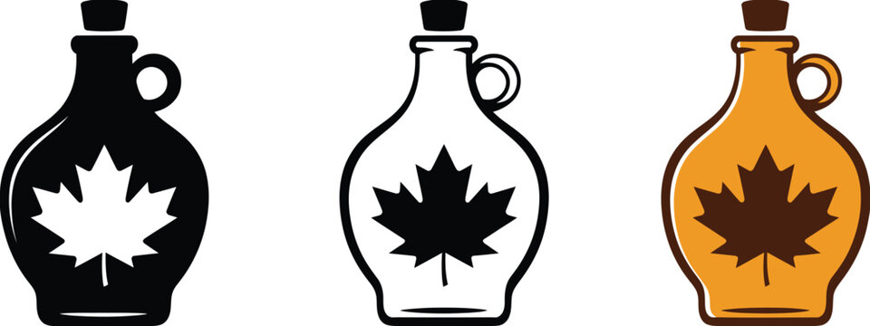Pure maple syrup bottle icon set with Canadian maple leaf logo silhouette outline and flat color vector versions, clean natural product branding symbols, minimal organic illustration style suitable 