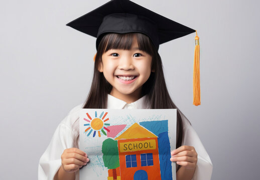 Child In Graduation Holding Paper Mockup PSD