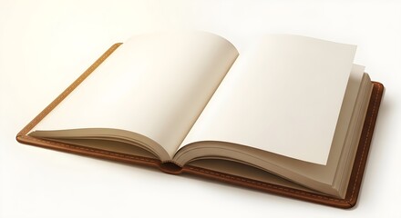Fototapeta premium Open brown leather notebook with blank pages isolated on white background